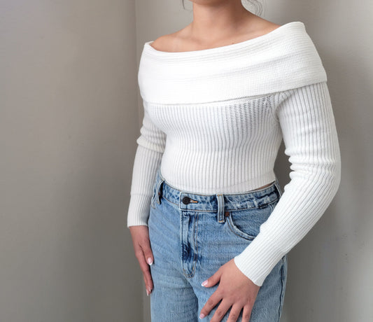 OFF THE SHOULDER OVERFOLD KNIT SWEATER CROP TOP 2 COLORS