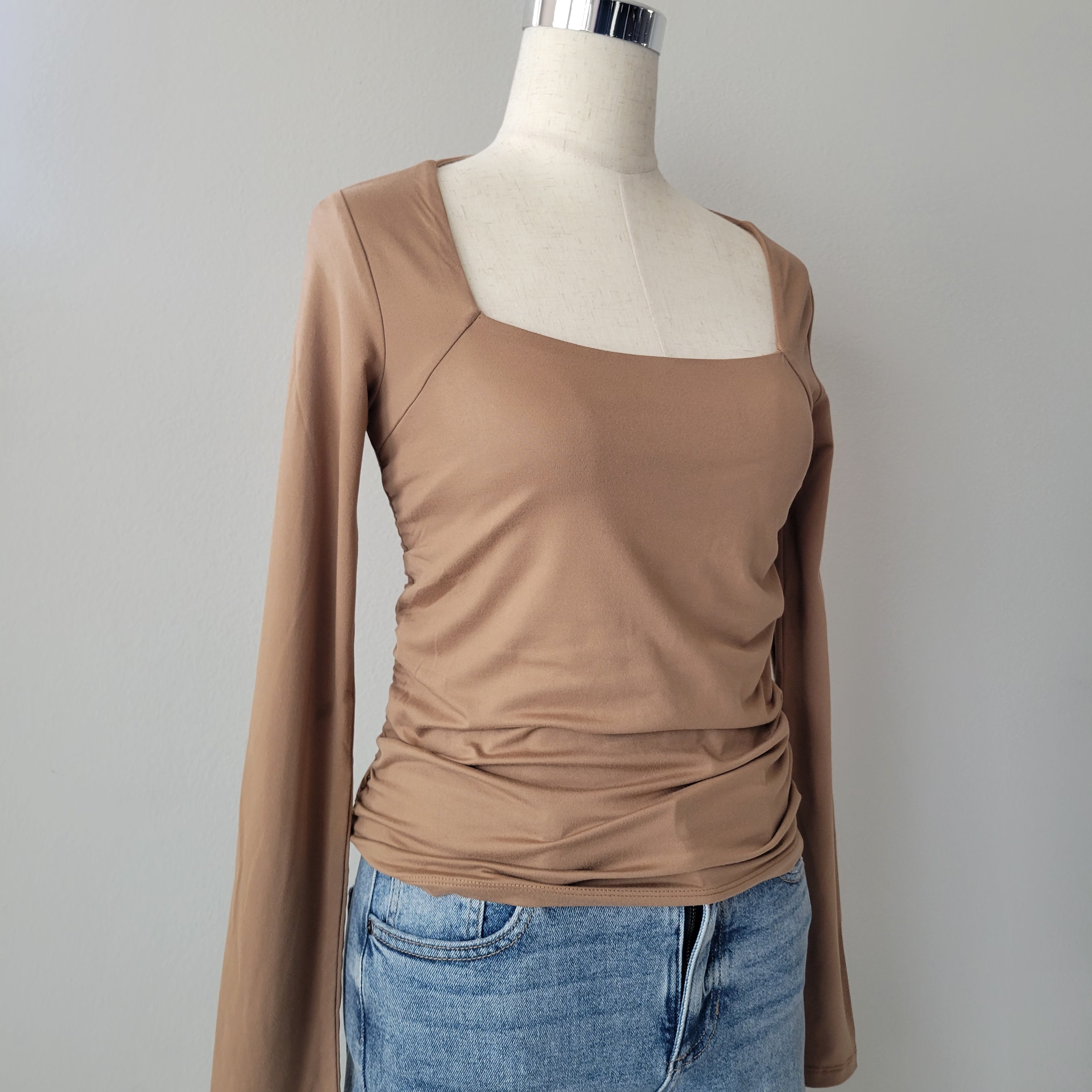 RUCHED WAIST SQUARE NECK BUILD IN BRA TOP BROWN