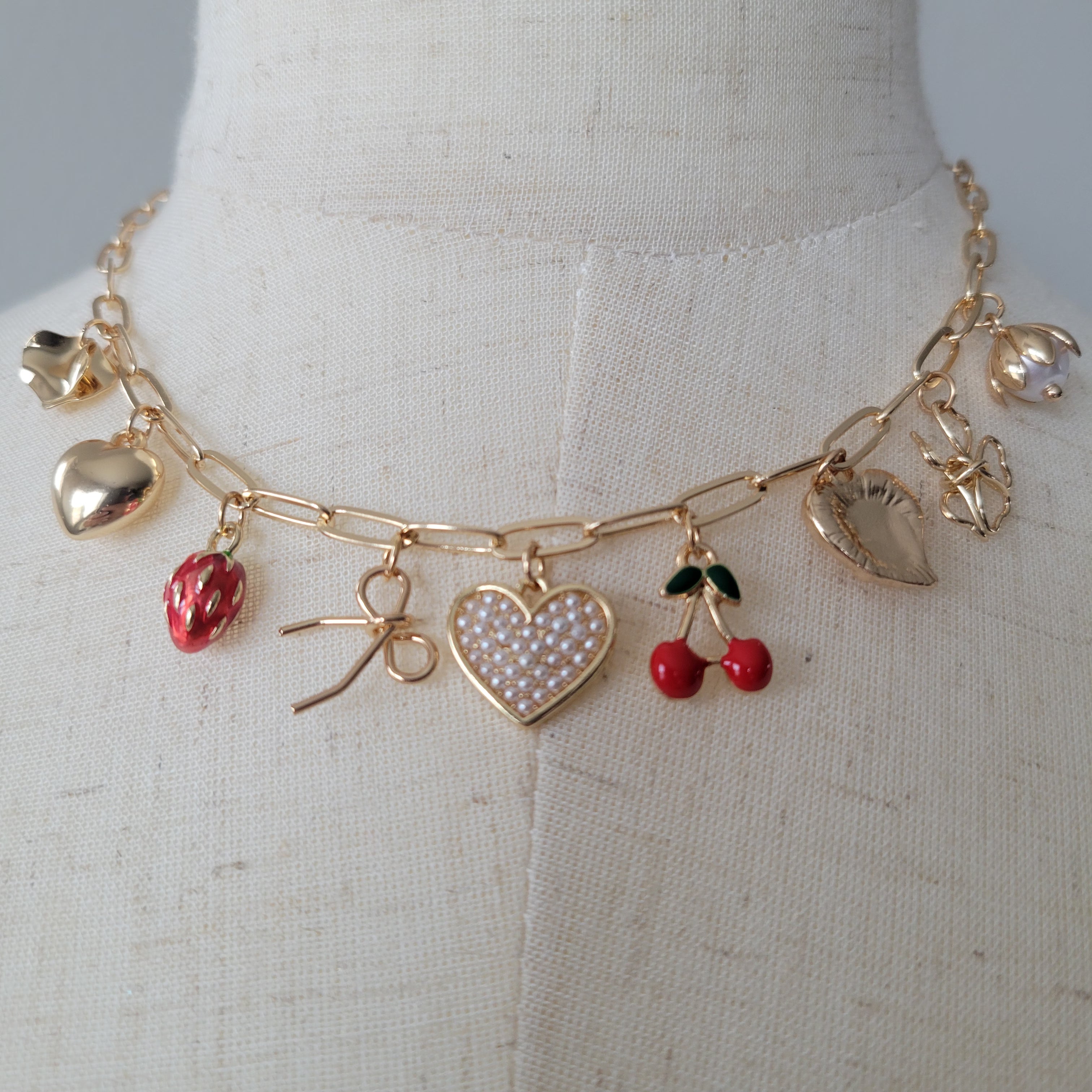 MULTI CHARM BOW CHERRY HEART NECKLACE