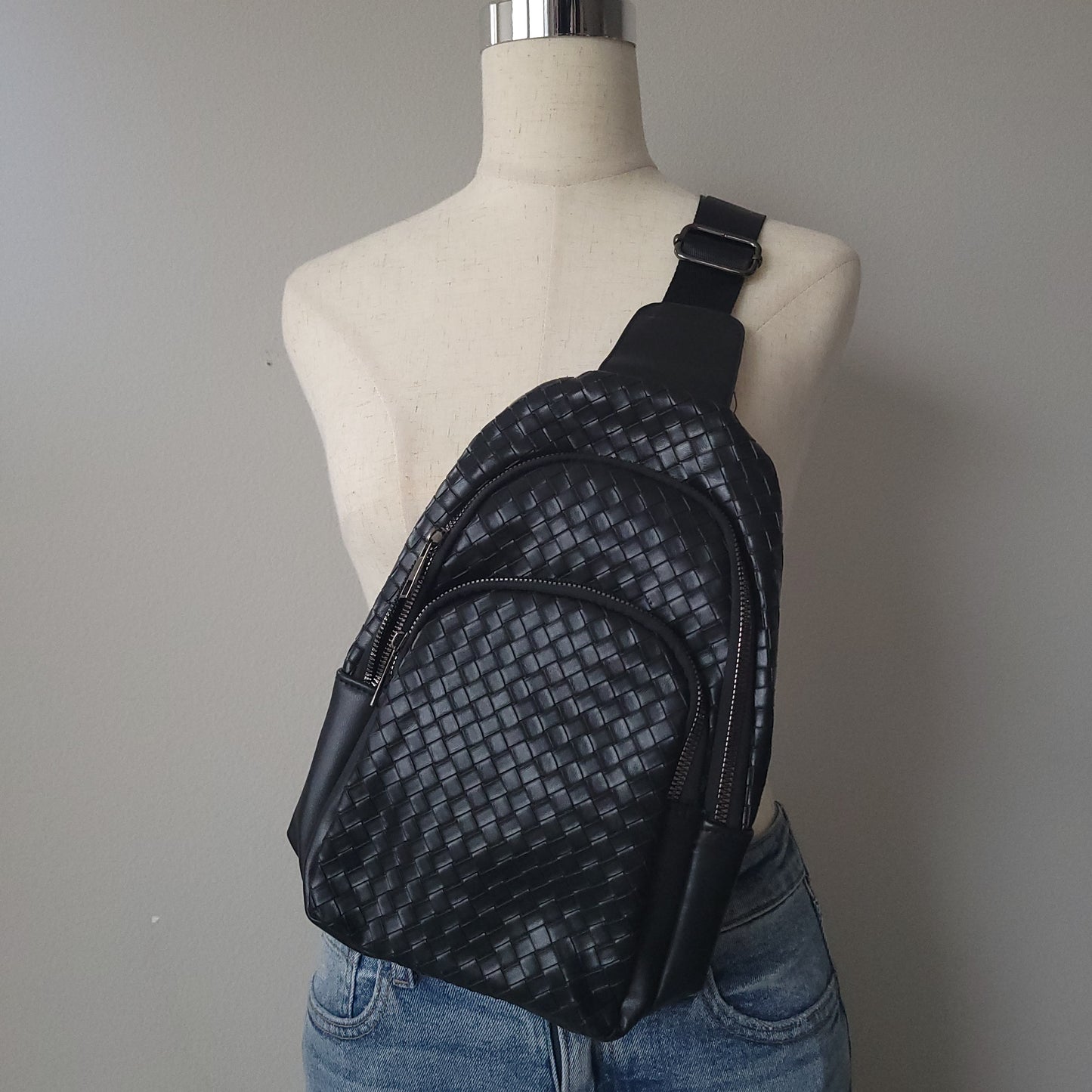 BRAIDED WEAVE VEGAN SLING CROSSBODY STADIUM BAG