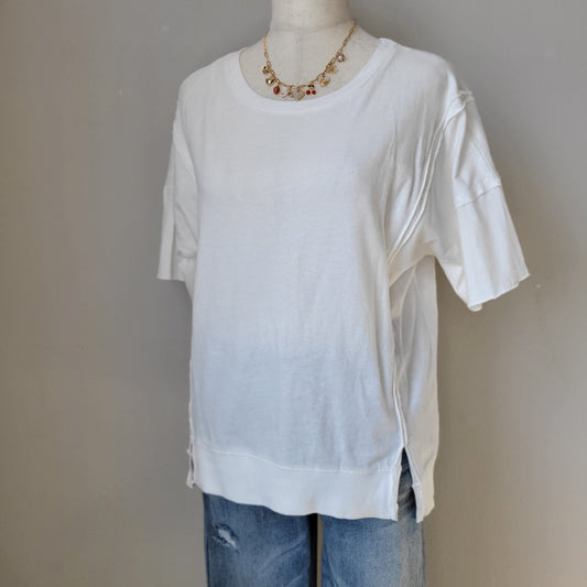 Front Slit Hi Low Cotton Mineral Washed Short Sleeve Tee White