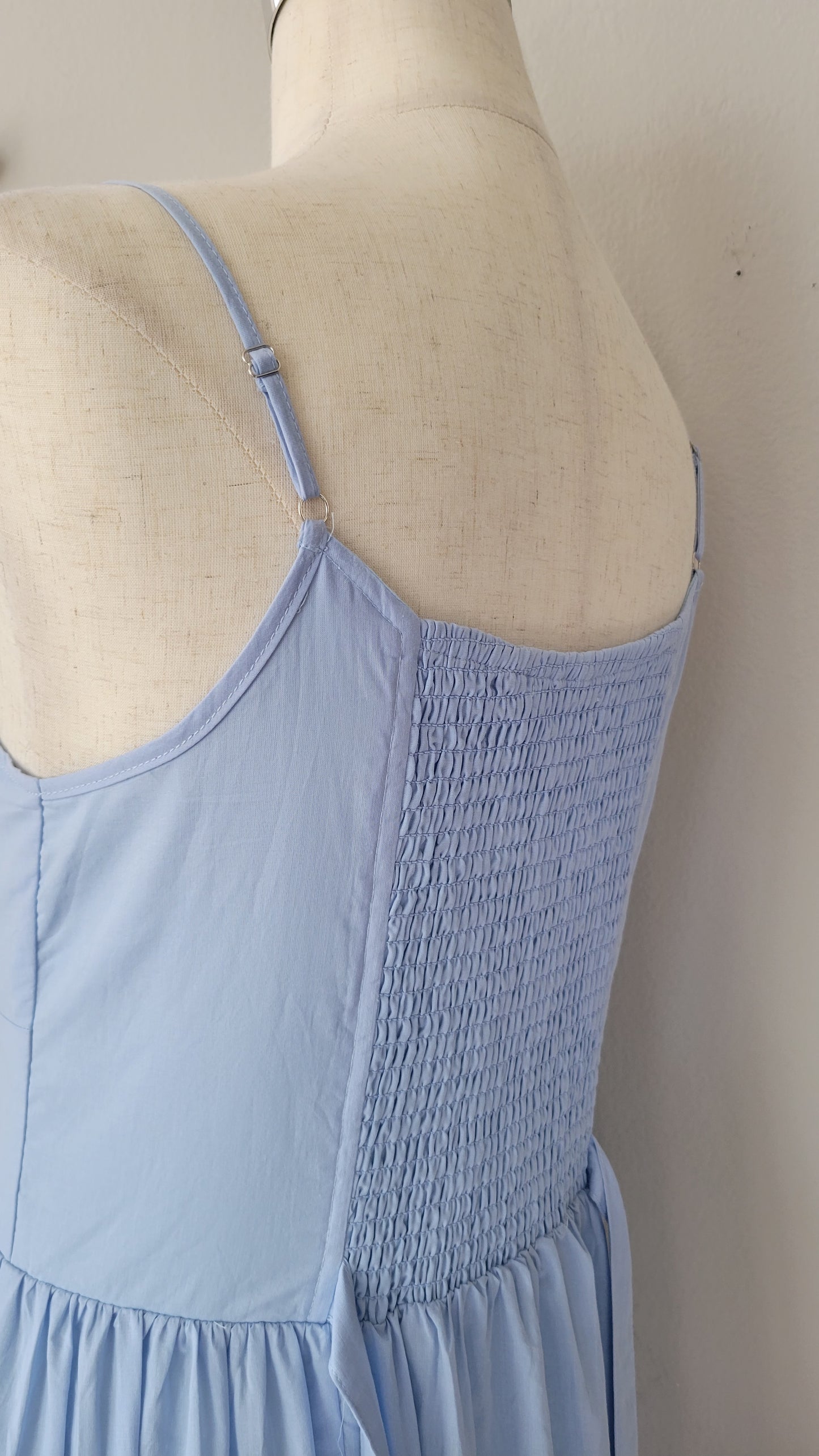Susan Gathered Cotton Button Down Blue Maxi Dress