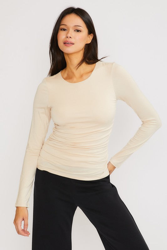 SIDE RUCHED DOUBLE LAYERED LONG SLEEVE TOP