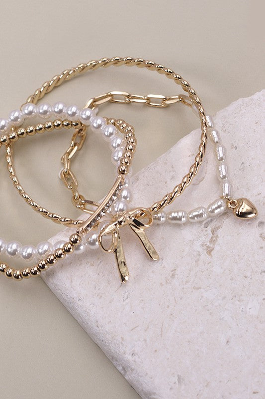 BOW PEARL RHINESTONE BAR STRETCH BRACELET SET