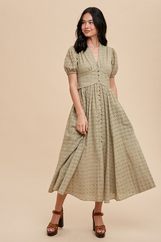 Lisa Cotton Eyelet Button Down Dress Olive Green