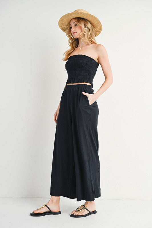 SMOCKED TUBE TOP & LINEN WIDE PANTS SET BLACK