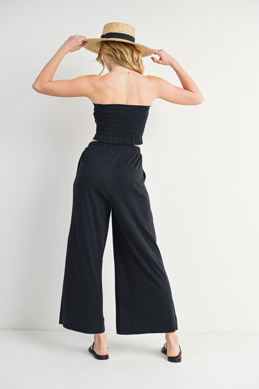 SMOCKED TUBE TOP & LINEN WIDE PANTS SET BLACK