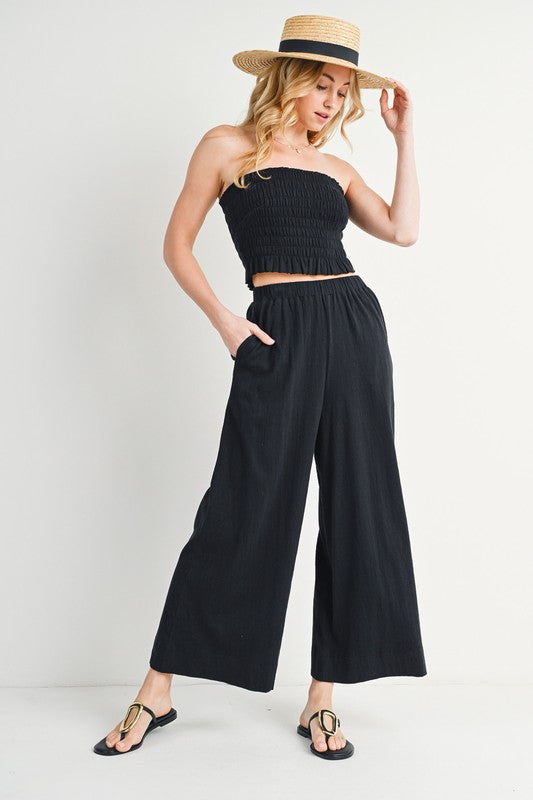 SMOCKED TUBE TOP & LINEN WIDE PANTS SET BLACK