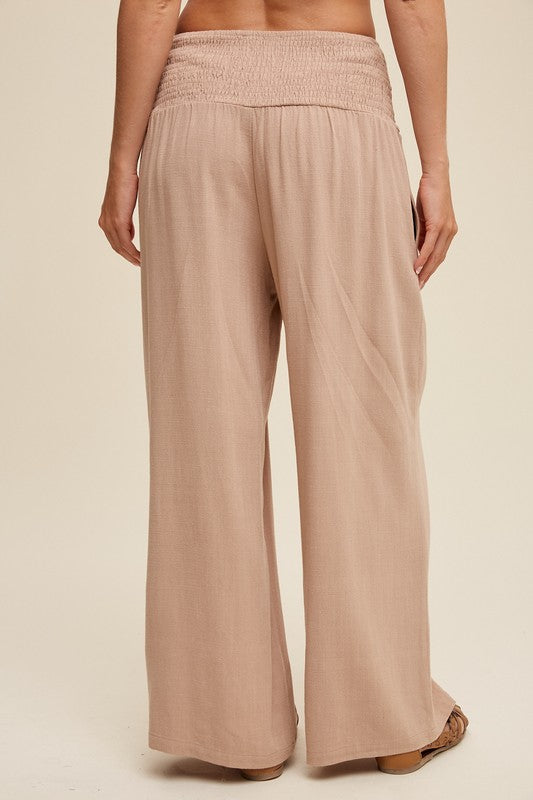 Smocked Waist Wide Leg Linen Pants Taupe