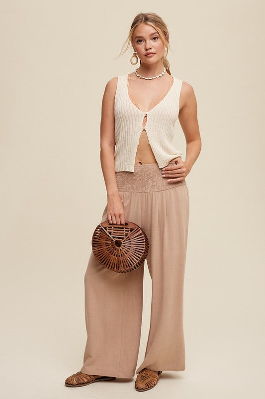 Smocked Waist Wide Leg Linen Pants Taupe