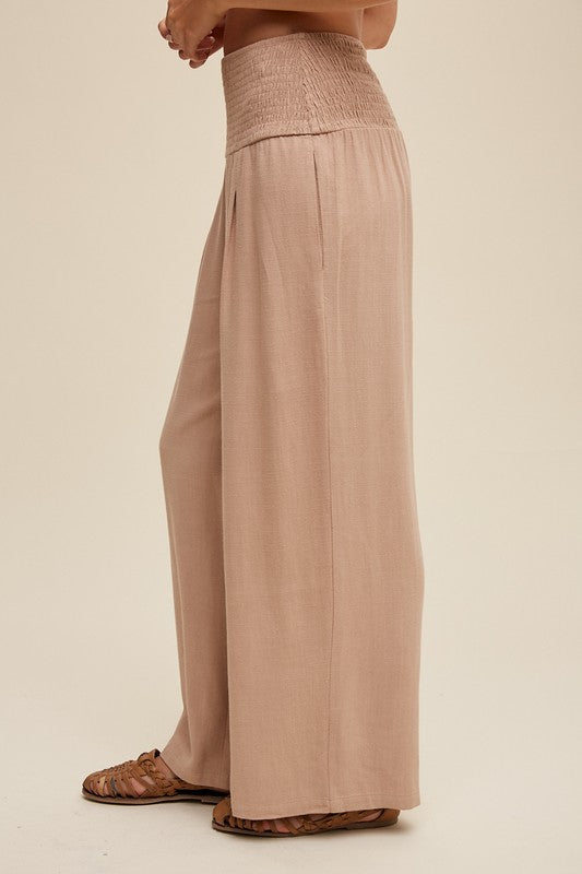 Smocked Waist Wide Leg Linen Pants Taupe