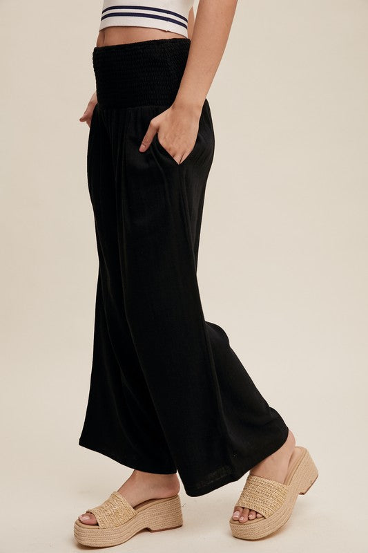 Smocked Waist Wide Leg Linen Pants Black