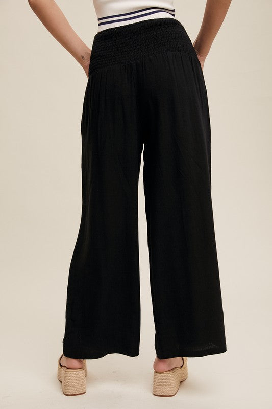 Smocked Waist Wide Leg Linen Pants Black