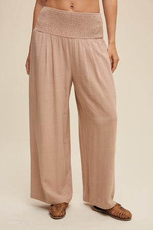 Smocked Waist Wide Leg Linen Pants Taupe