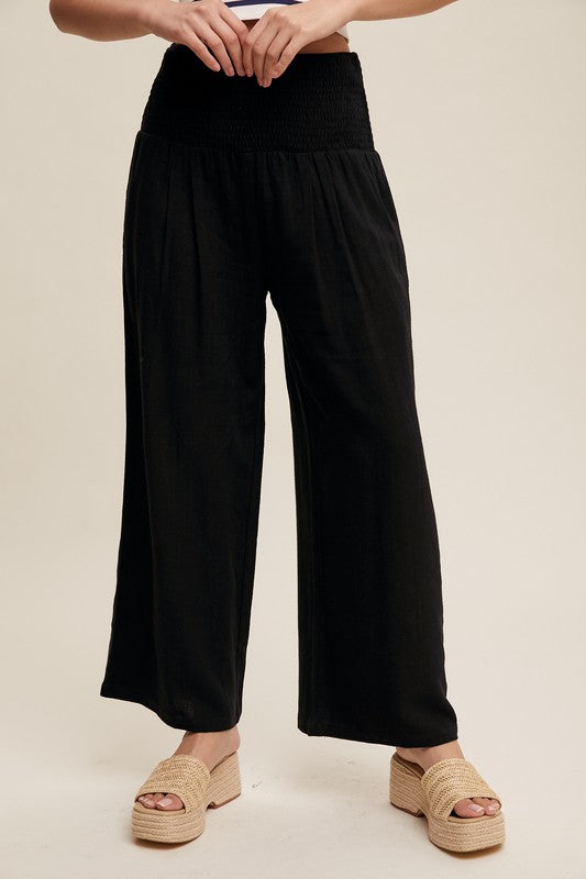 Smocked Waist Wide Leg Linen Pants Black