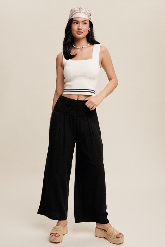 Smocked Waist Wide Leg Linen Pants Black