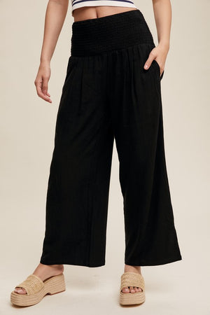 Smocked Waist Wide Leg Linen Pants Black