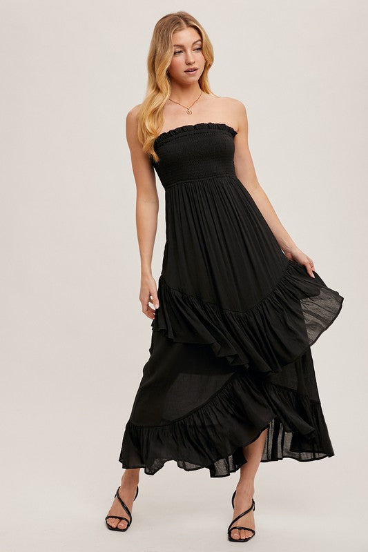 SMOCKED STRAPLESS TIERED RUFFLE MIDI DRESS