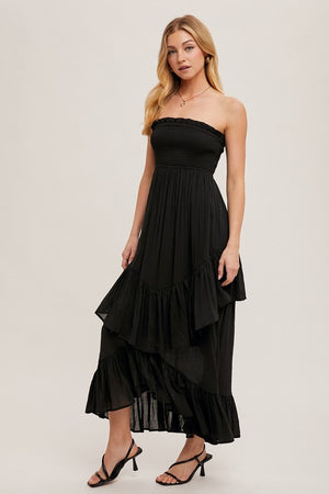 SMOCKED STRAPLESS TIERED RUFFLE MIDI DRESS