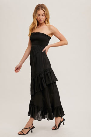 SMOCKED STRAPLESS TIERED RUFFLE MIDI DRESS