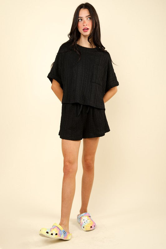 Cable Knit Texture Casual Top & Shorts Set Black
