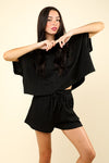 Cable Knit Texture Casual Top & Shorts Set Black