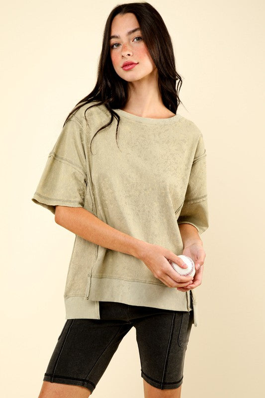 Front Slit Hi Low Cotton Mineral Washed Short Sleeve Tee Green