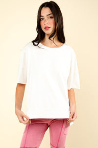 Front Slit Hi Low Cotton Mineral Washed Short Sleeve Tee White