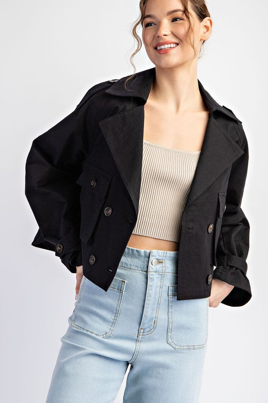 Cropped Cotton Trench Jacket Black