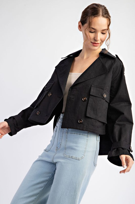 Cropped Cotton Trench Jacket Black