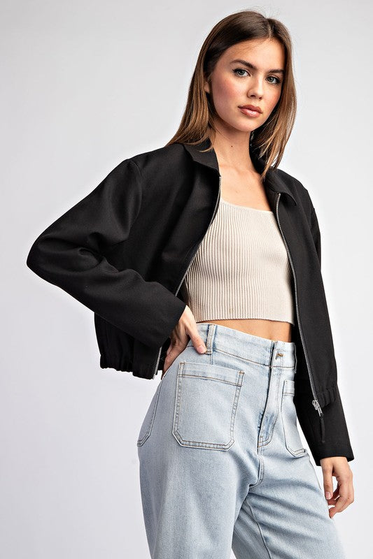Cropped Elastic Zip Up Jacket Black