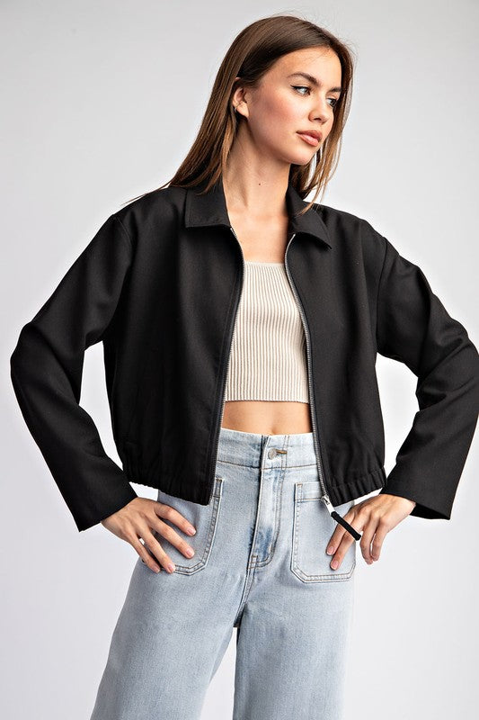 Cropped Elastic Zip Up Jacket Black