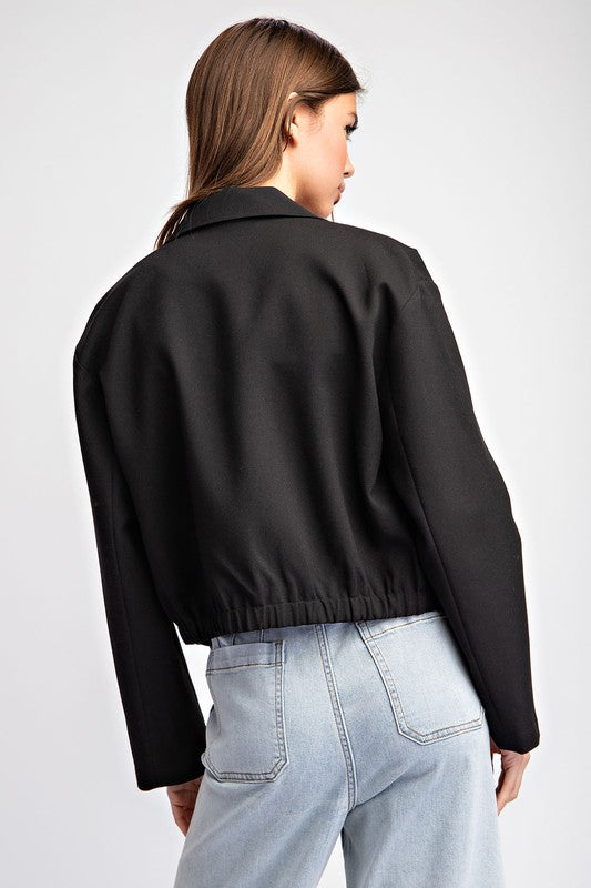Cropped Elastic Zip Up Jacket Black