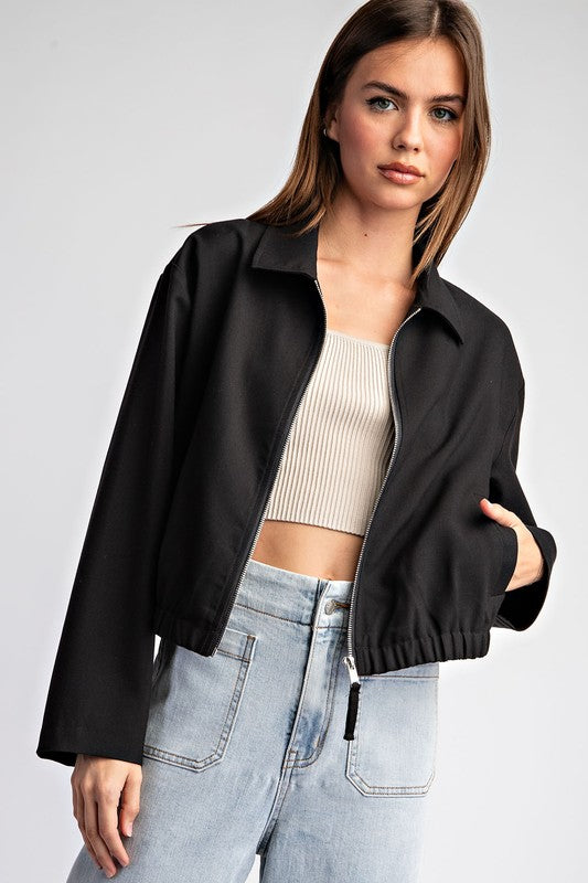 Cropped Elastic Zip Up Jacket Black