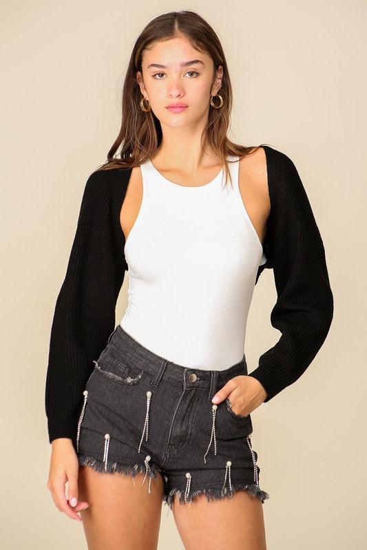 Bolero Cropped Shrug Cardigan Black White