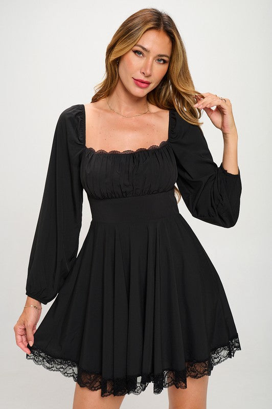Lace Trim Long Sleeve Mini Dress Black