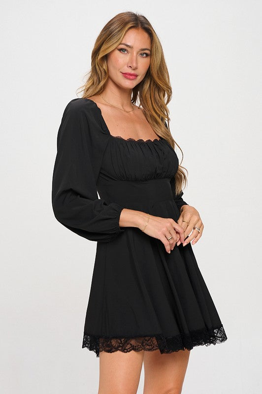 Lace Trim Long Sleeve Mini Dress Black