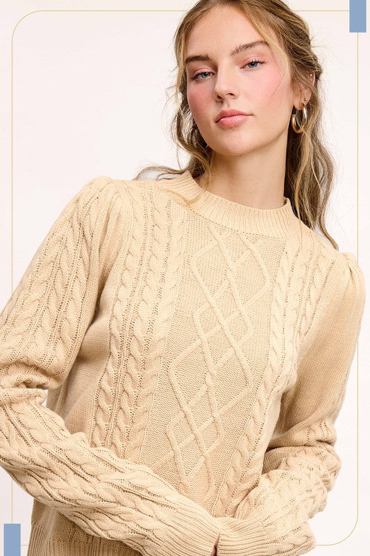 SOFT CREW NECK CABLE KNIT SWEATER