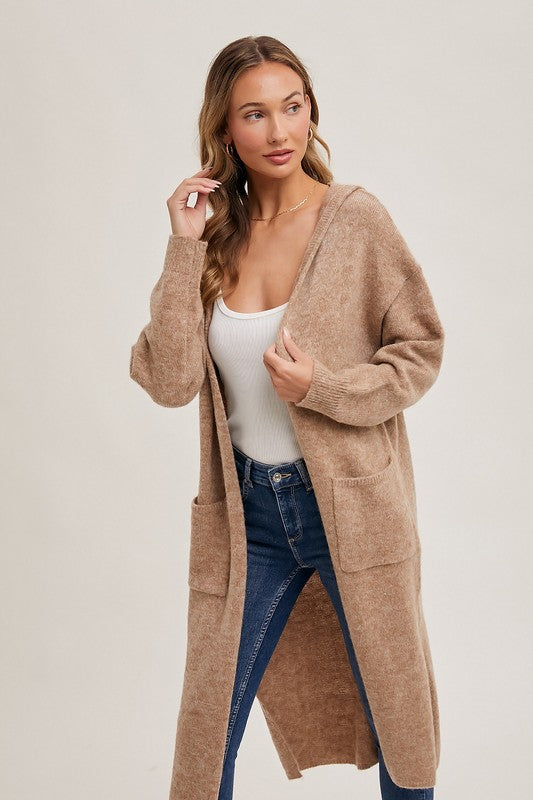 Longline Hoodie Open Front Cardigan Taupe