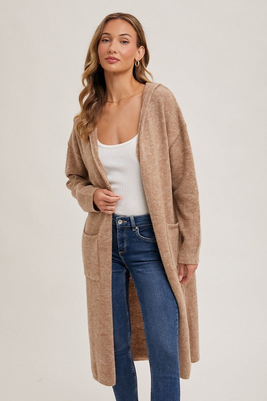 Longline Hoodie Open Front Cardigan Taupe