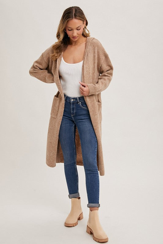 Longline Hoodie Open Front Cardigan Taupe