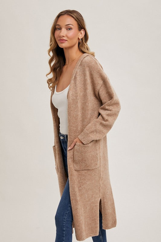 Longline Hoodie Open Front Cardigan Taupe