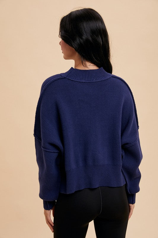 KNITTED MOCKNECK PULLOVER SWEATER NAVY