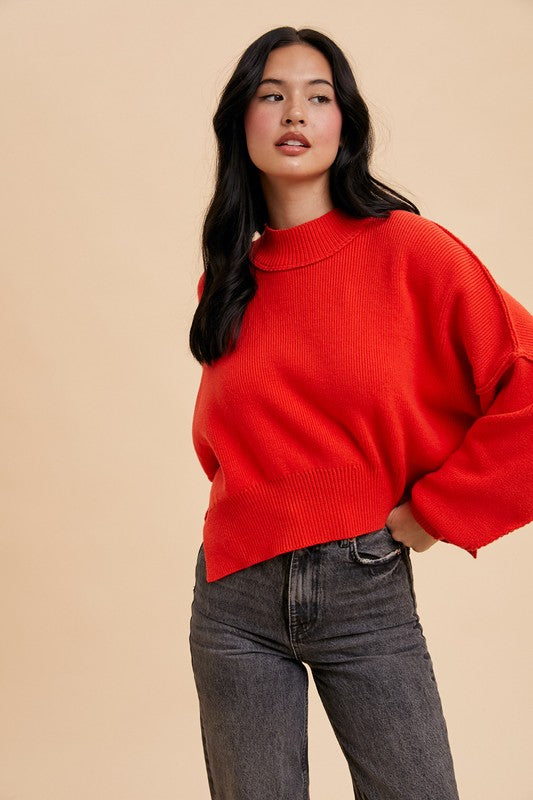 KNITTED MOCKNECK OVERSIZED SLIGHT CROPPED SLOUCHY FIT PULLOVER SWEATER SHEILA RED