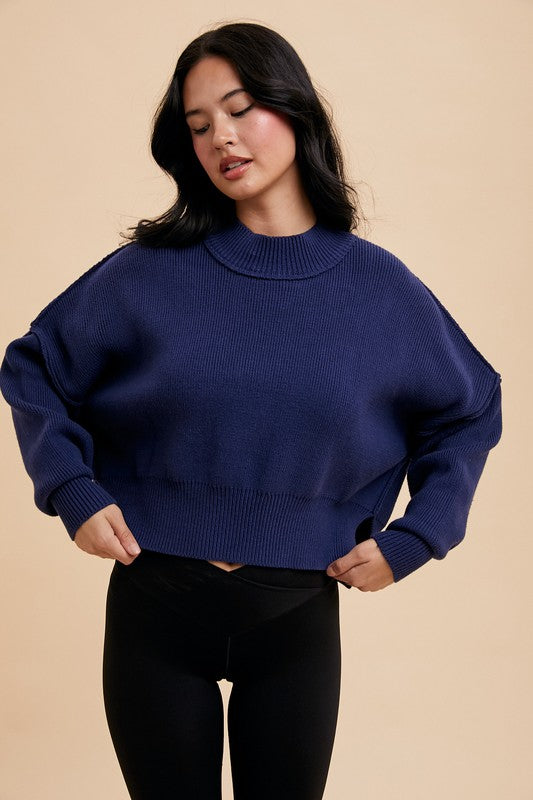 KNITTED MOCKNECK PULLOVER SWEATER NAVY