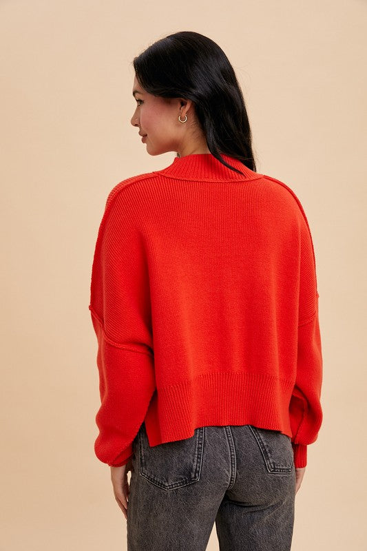 KNITTED MOCKNECK OVERSIZED SLIGHT CROPPED SLOUCHY FIT PULLOVER SWEATER SHEILA RED