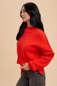 KNITTED MOCKNECK OVERSIZED SLIGHT CROPPED SLOUCHY FIT PULLOVER SWEATER SHEILA RED