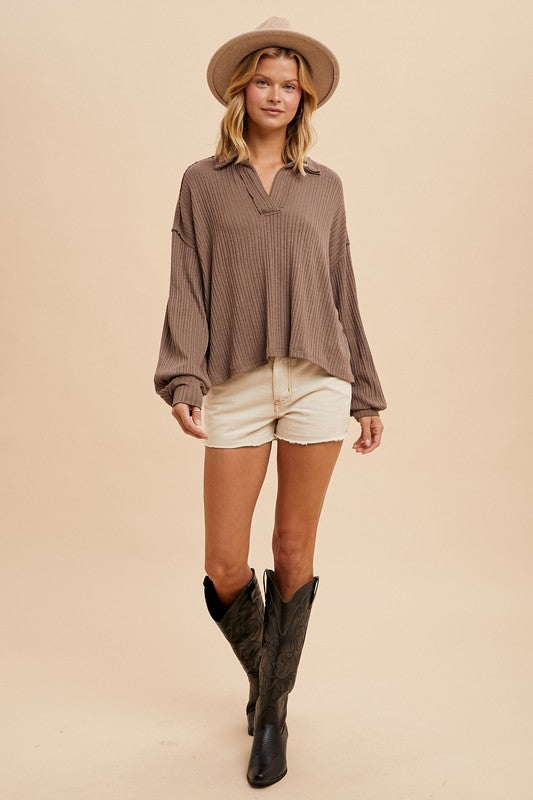 Quarter Split Oversized Polo Top Brown