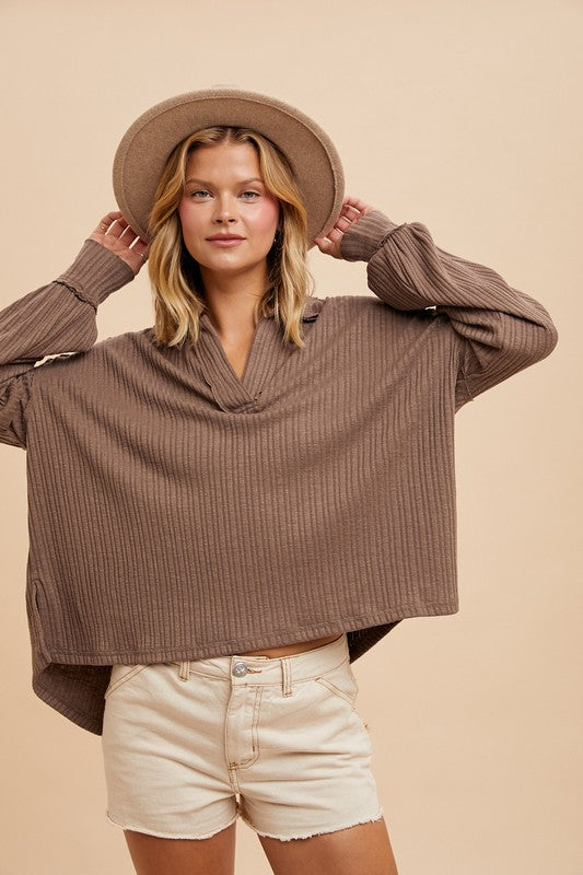 Quarter Split Oversized Polo Top Brown