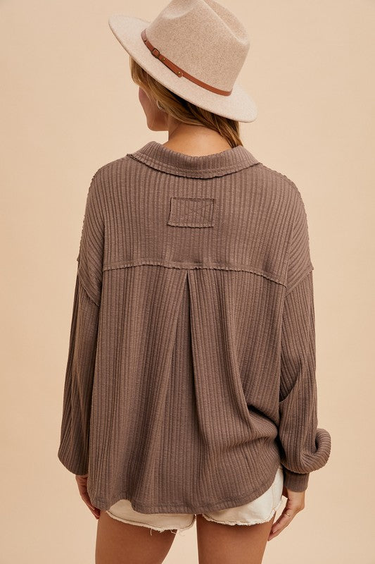 Quarter Split Oversized Polo Top Brown